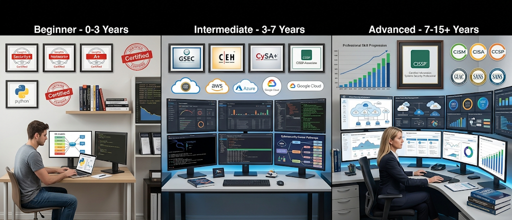 Cybersecurity career roadmap showing certifications, skills development, and professional advancement.
