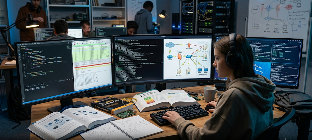 Cybersecurity student learning networking, Linux, programming, and security fundamentals.