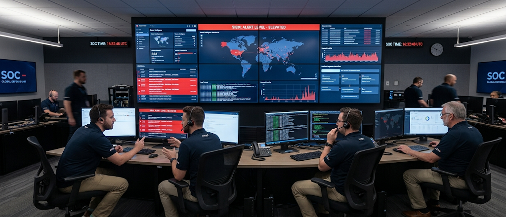 SOC Analyst monitoring cybersecurity alerts and investigating threats in a security operations center.
