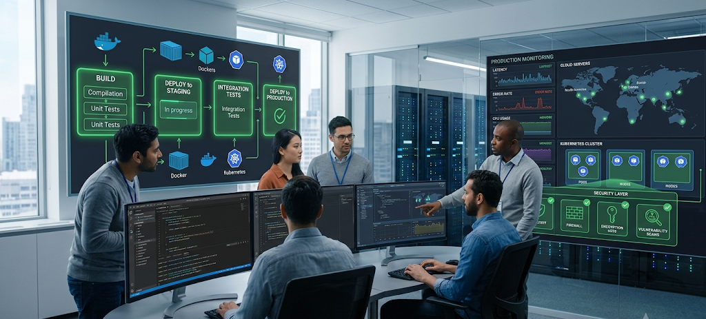 Cloud DevOps engineers managing CI/CD pipelines Kubernetes and cloud architecture systems.