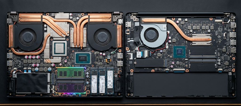 Comparison of gaming laptop and regular laptop internal components including GPU, processor, and cooling systems.