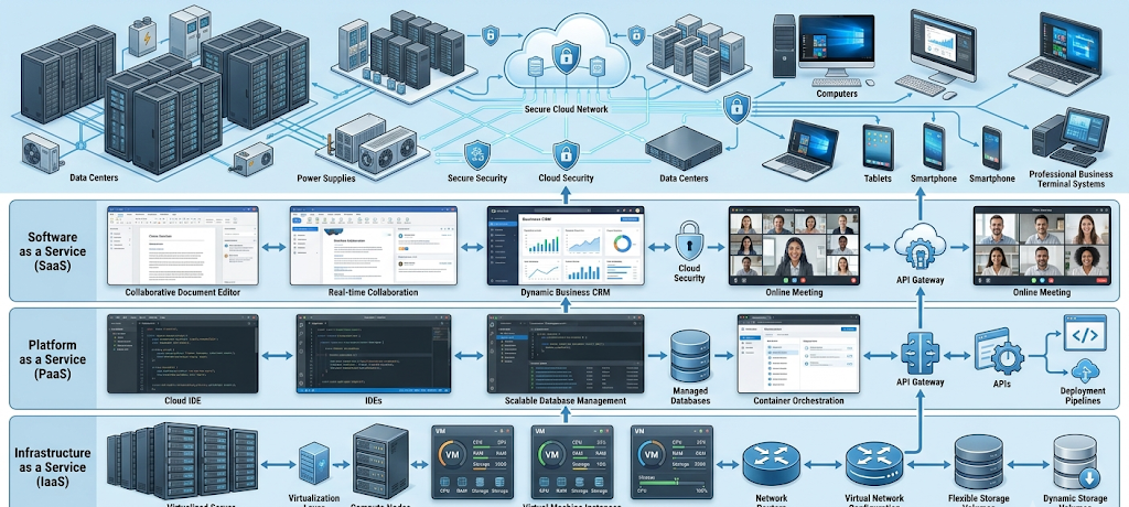 Visual explanation of IaaS PaaS and SaaS cloud computing service models.
