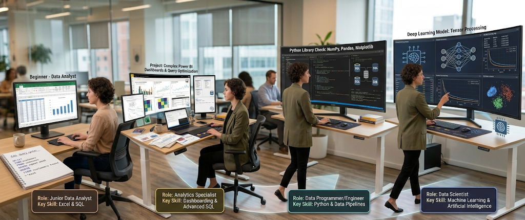 Career roadmap showing progression from beginner data skills to advanced data scientist roles.
