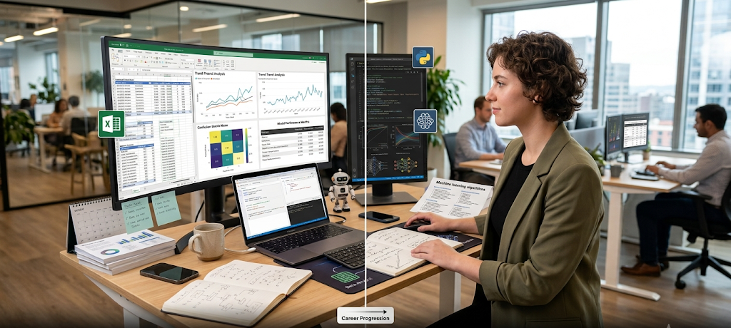 Comparison between a data analyst using business intelligence tools and a data scientist using machine learning and artificial intelligence.