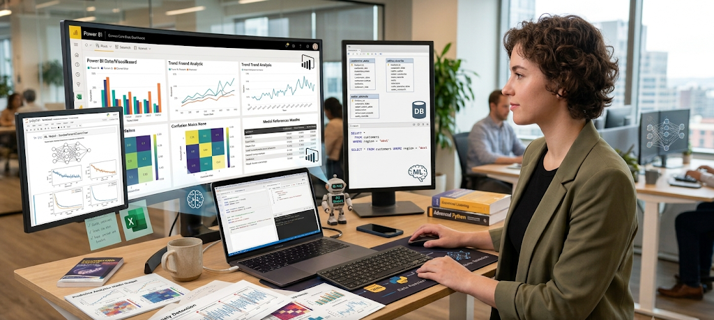 Data scientist using Python, Power BI dashboards, and machine learning tools for advanced data analysis.