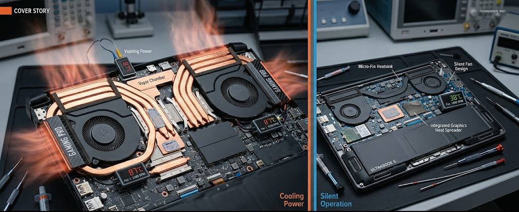 Gaming laptop cooling system compared with a regular laptop’s quieter heat management design.