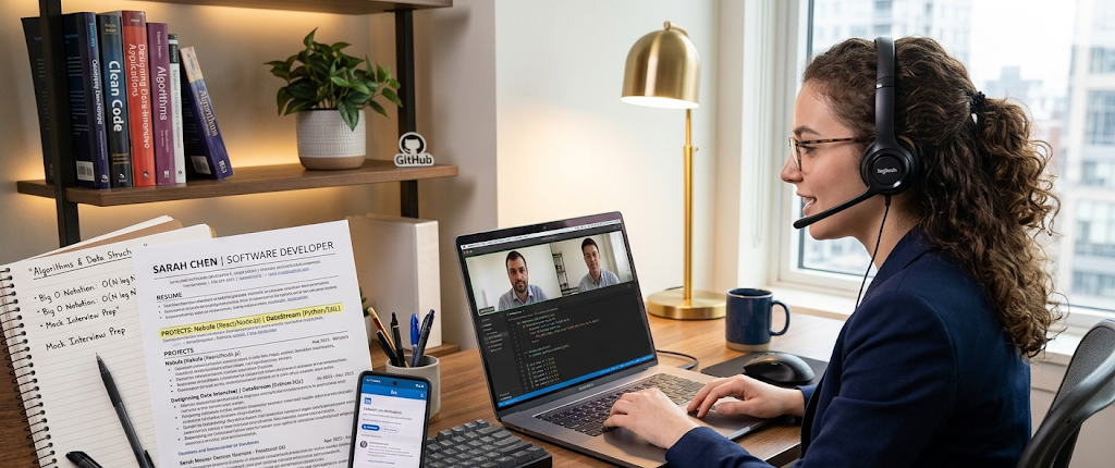 Junior software developer preparing for coding interviews and first technology job