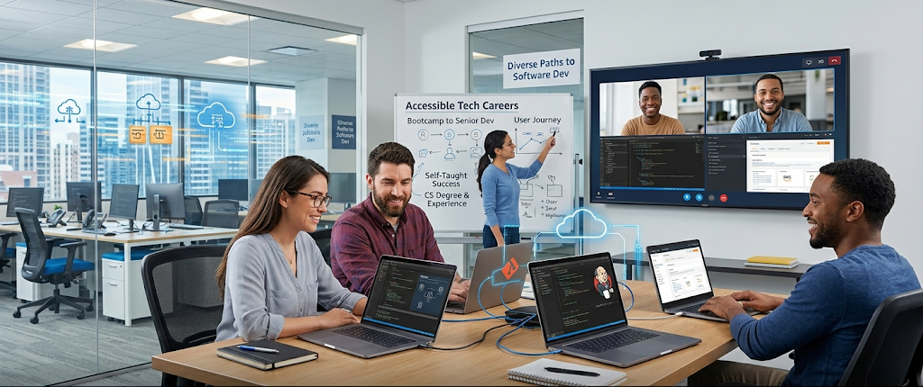 Modern software development workplace showing diverse career opportunities and collaboration
