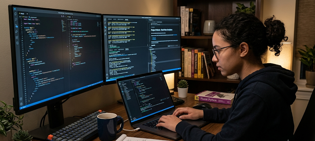 Developer learning Python and JavaScript programming languages for software development