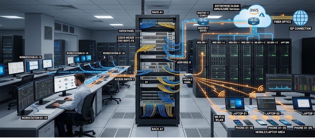 Computer network infrastructure showing connected devices, servers, routers, and cloud systems.