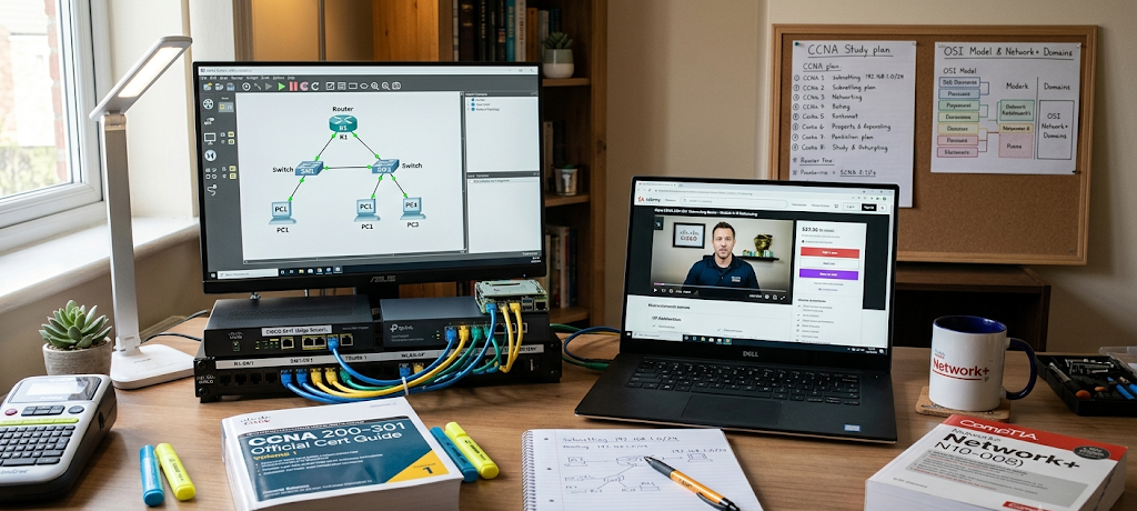 Beginner networking home lab setup with certification study materials and equipment.