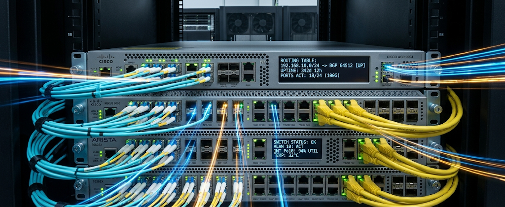 Enterprise routers and switches demonstrating routing and switching technology.