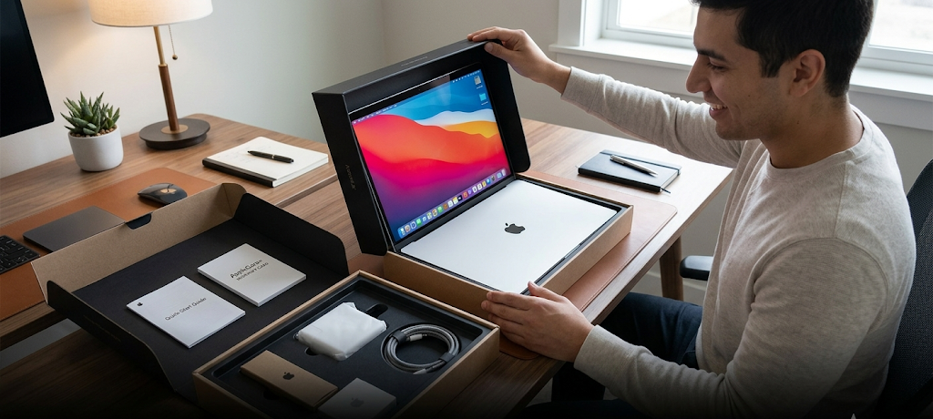 Person opening a new laptop with warranty and accessories
