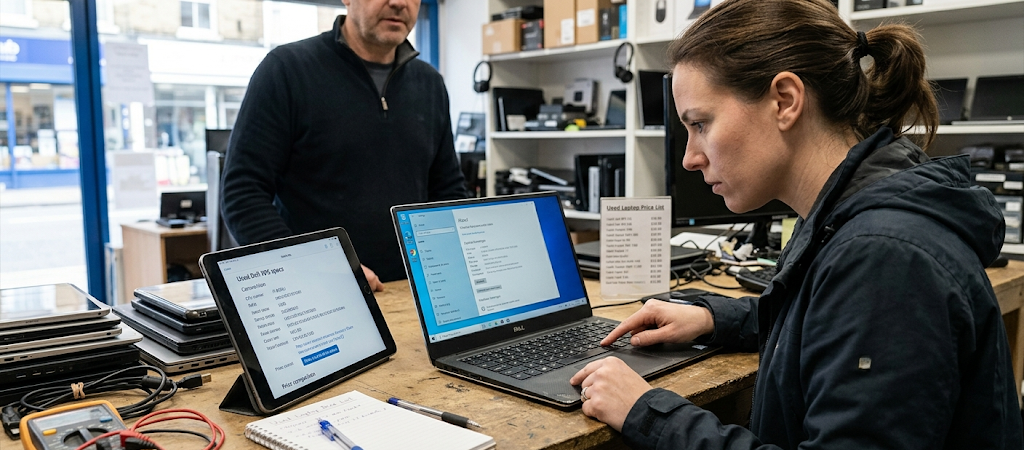 Buyer inspecting a used laptop before purchasing to avoid scams