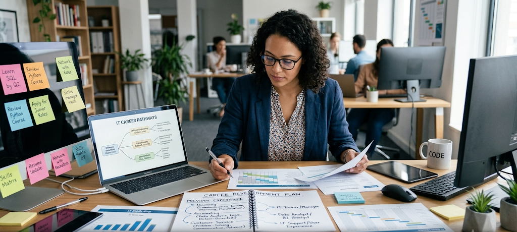 Professional identifying transferable skills for a career transition into information technology