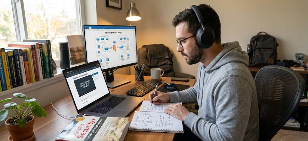 Career changer studying IT skills through online courses and technology training resources