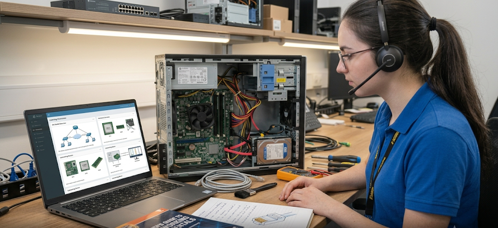 Beginner IT professional studying computer certification materials and technical concepts.