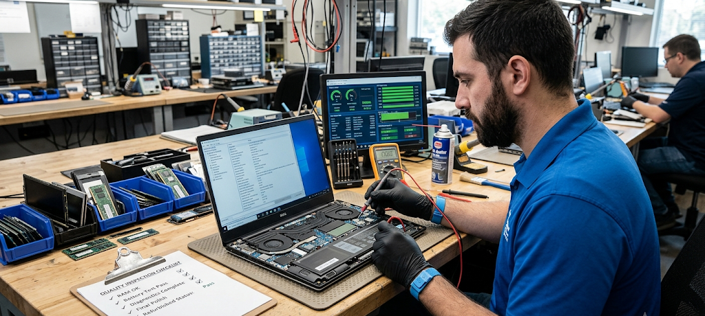 Technician testing and inspecting a manufacturer refurbished laptop