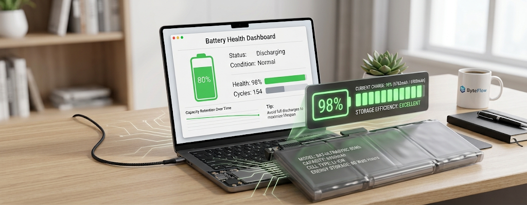 Laptop battery component showing energy storage capacity and battery performance levels.