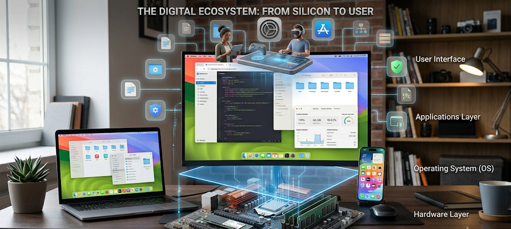 Visual representation of how an operating system connects hardware applications and users