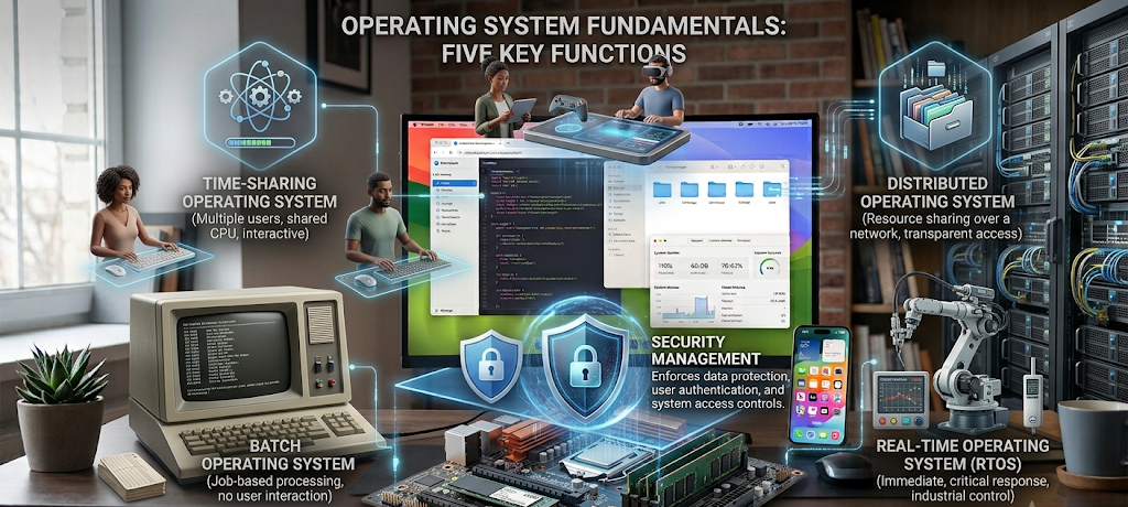 Realistic examples of batch time sharing distributed and real time operating systems