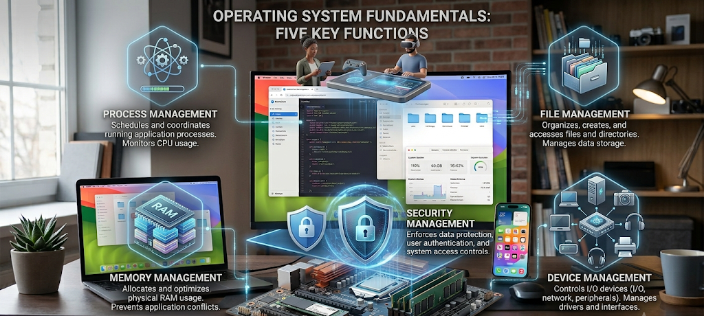 Five major functions of an operating system including process memory file device and security management