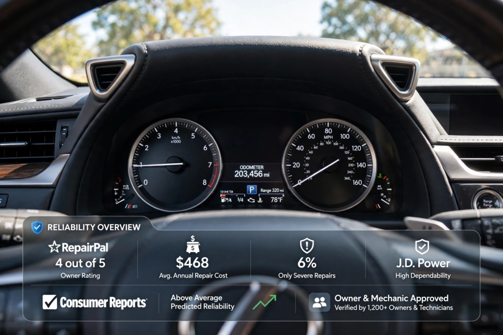 Most Reliable Lexus Models of All Time Ranked by Owners and Mechanics 2 Lexus ES 350 dashboard odometer showing 203456 miles reliability overview RepairPal 4 out of 5 owner rating 468 dollars avg annual repair cost 6 percent only severe repairs JD Power high dependability Consumer Reports above average predicted reliability owner and mechanic approved