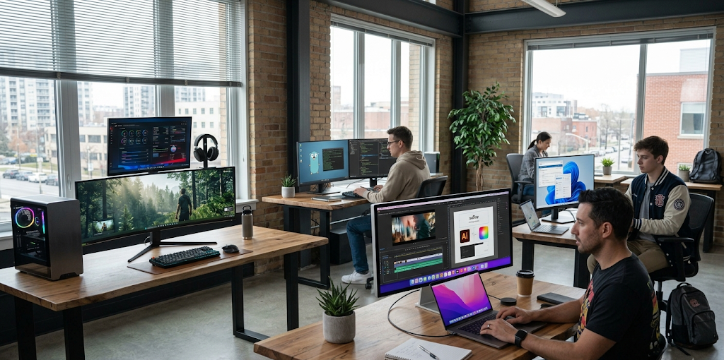 Different users choosing Windows Linux or macOS for work gaming and everyday use
