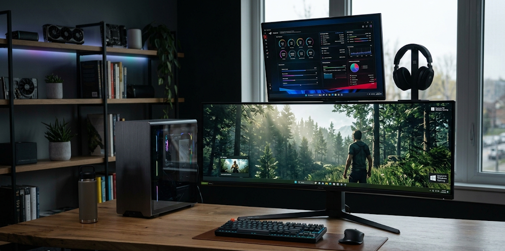 Windows gaming setup with high performance gaming computer and monitor