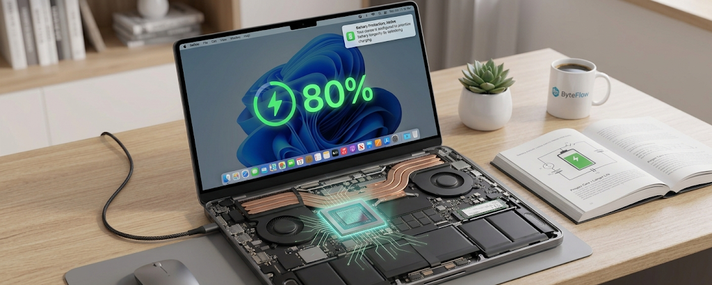 Laptop connected to a charger showing safe charging practices for battery health.