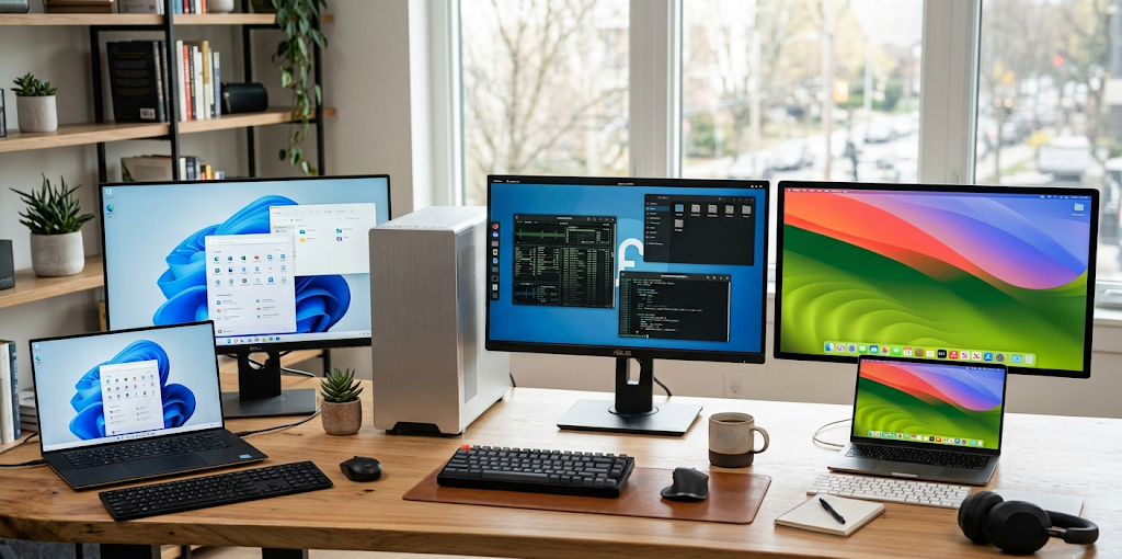 Windows Linux and macOS desktop environments compared side by side
