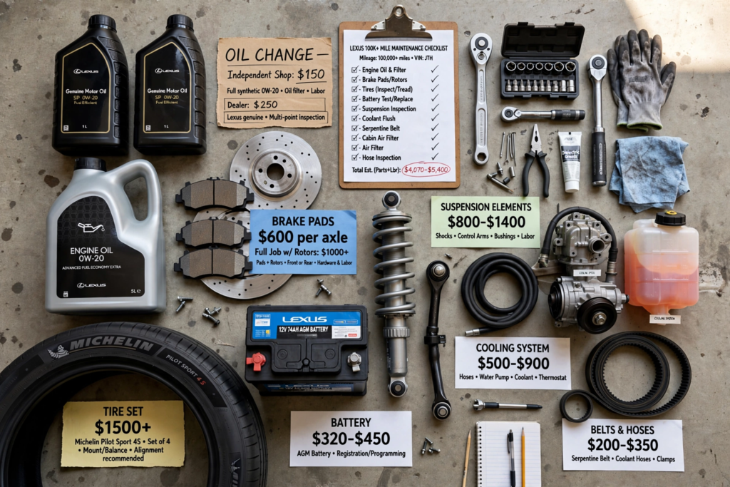 Lexus Maintenance Schedule and True Cost of Ownership: What to Expect After 100,000 Miles 2 Lexus 100K plus mile maintenance flat lay showing oil change independent shop 150 dollars dealer 250 dollars brake pads 600 dollars per axle full job 1000 plus rotors tire set 1500 plus Michelin Pilot Sport 4S suspension elements 800-1400 dollars cooling system 500-900 dollars battery 320-450 dollars belts and hoses 200-350 dollars total estimate 4070-5400 dollars