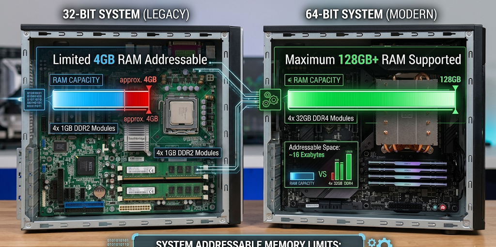 32-bit vs. 64-bit Operating System: What’s the Difference and Which Should You Use? 3 Comparison of RAM capacity limits between 32-bit and 64-bit operating systems