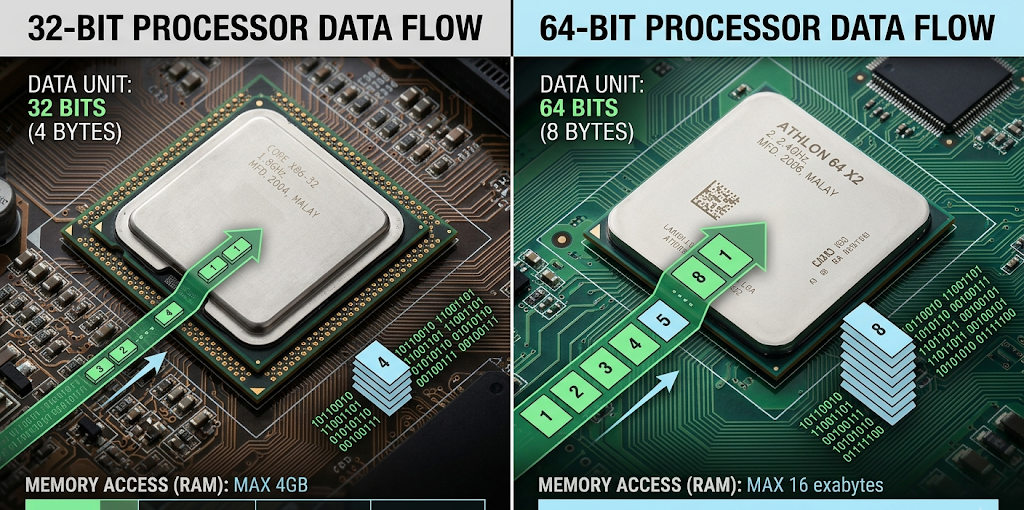 32-bit vs. 64-bit Operating System: What’s the Difference and Which Should You Use? 2 Realistic CPU architecture showing how 32-bit and 64-bit processors process data differently