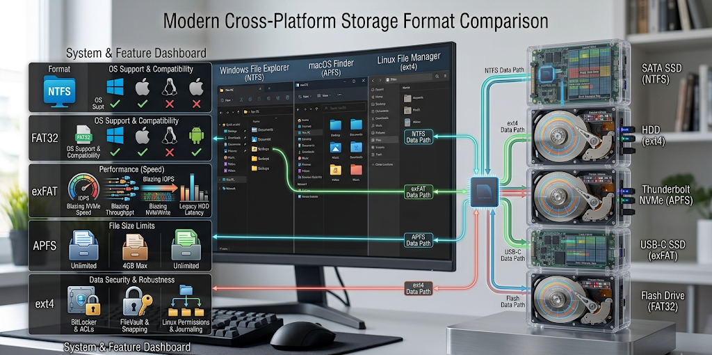 What Is a File System? NTFS vs FAT32 vs APFS vs ext4 Explained 4 Comparison of NTFS, FAT32, exFAT, APFS, and ext4 file systems across different operating systems