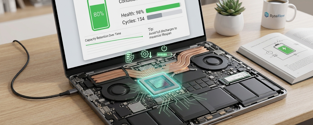 Laptop processor and internal components representing energy efficiency and battery consumption.