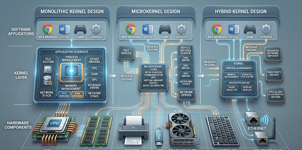 Real-world examples of Linux QNX Windows and macOS kernel architectures