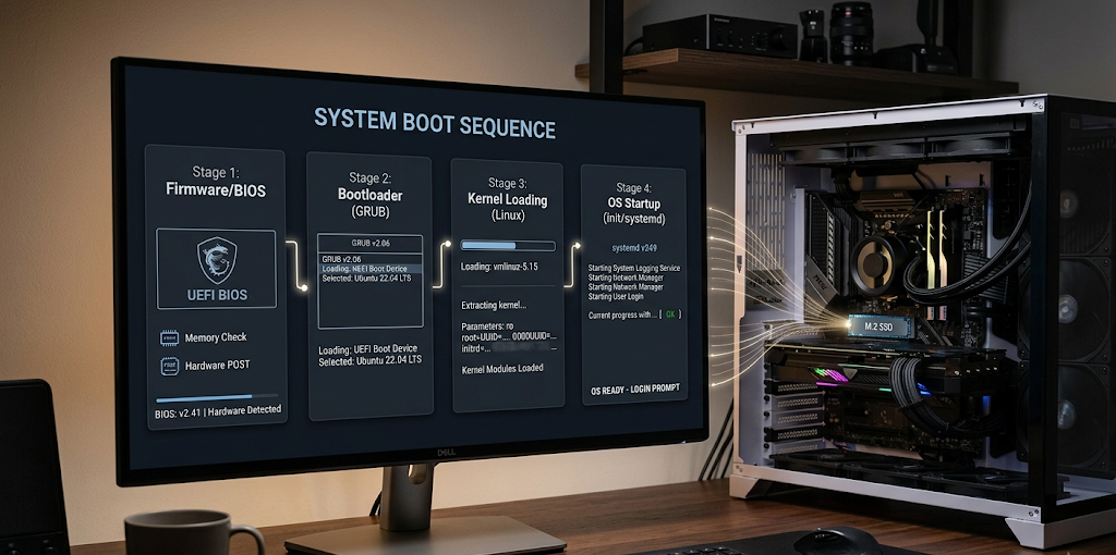 A computer showing the bootloader and kernel loading stages during the operating system startup process