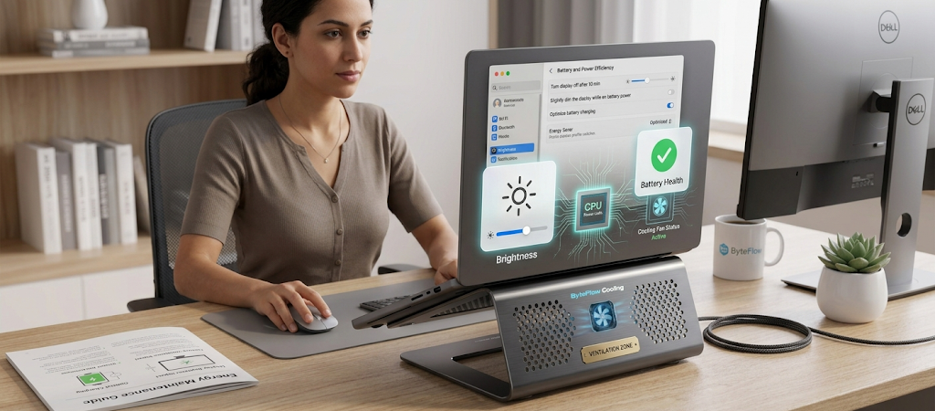 Person maintaining laptop battery health through cooling and power-saving practices.