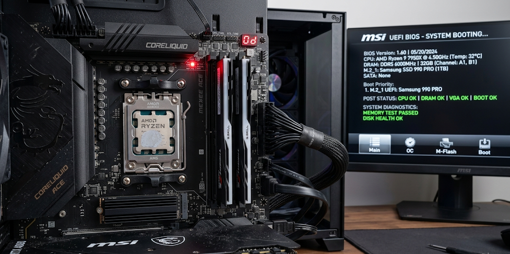 A motherboard and monitor displaying BIOS UEFI settings during computer startup hardware checks