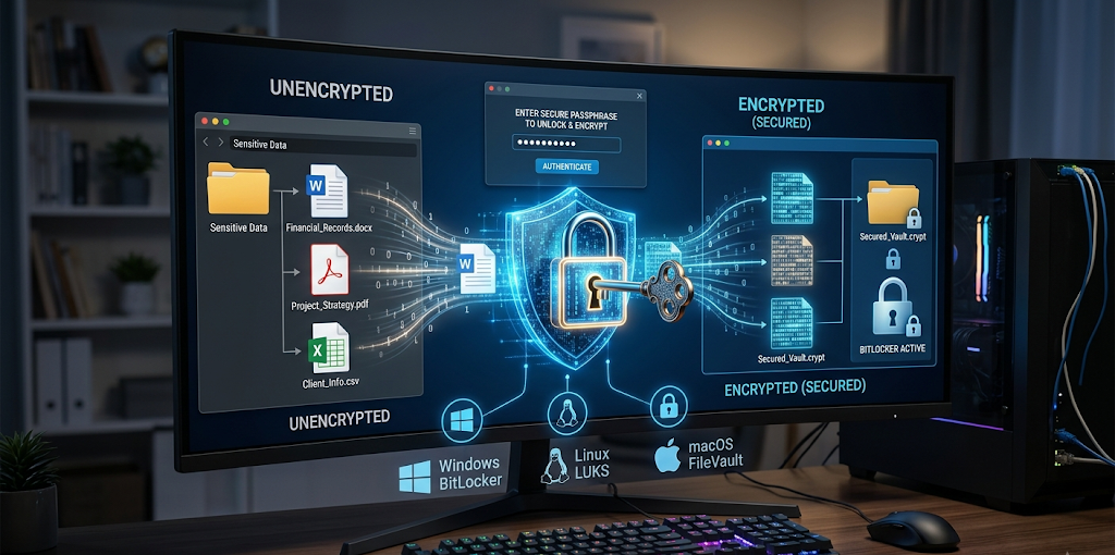 Computer encryption system protecting sensitive files with digital lock and authentication security