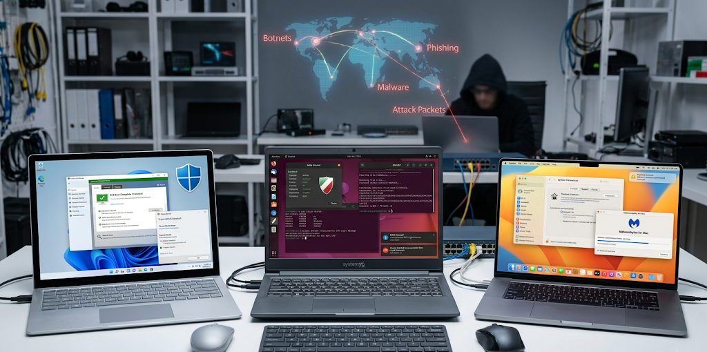 Comparison of Windows Linux and macOS security features protecting computers from malware and viruses