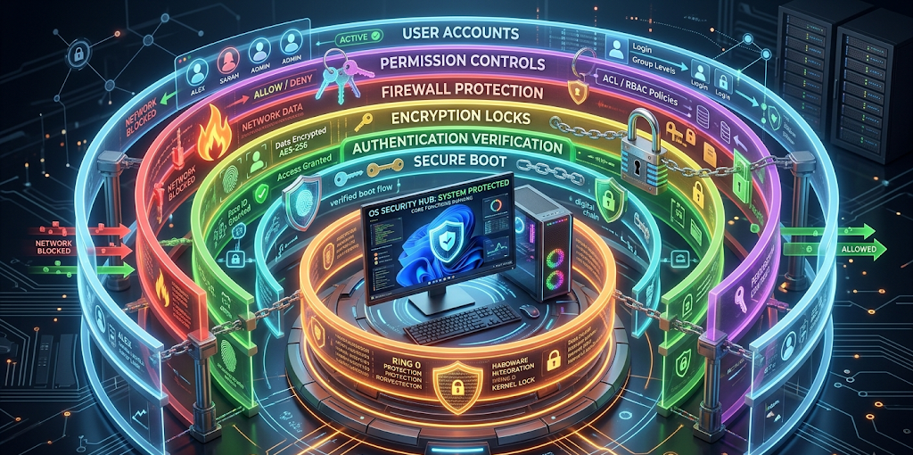 Diagram showing built-in security mechanisms of modern operating systems including permissions, firewall, encryption, and kernel protection
