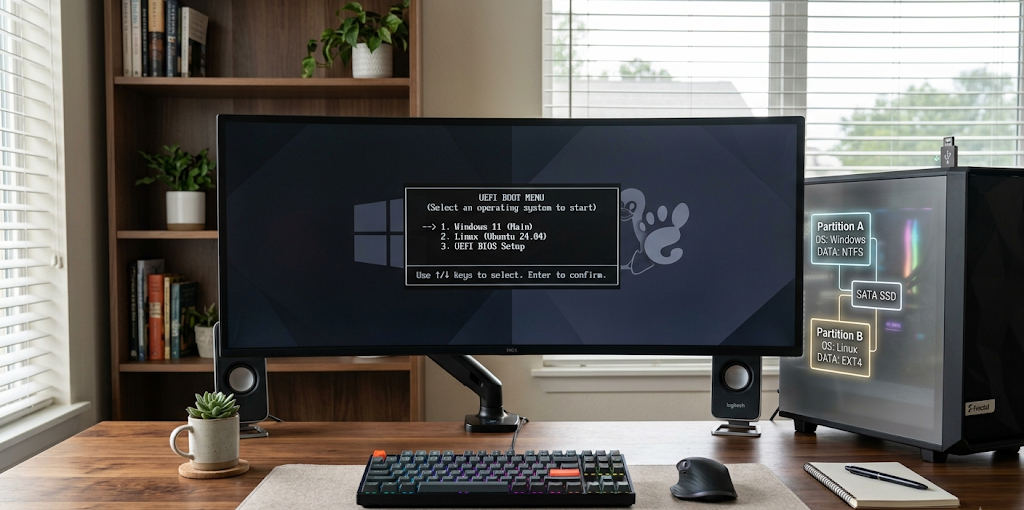 A boot menu allowing a user to choose between Windows and Linux in a dual boot setup.