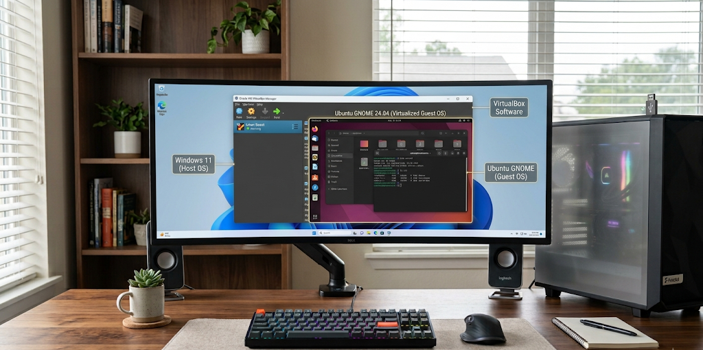 A Windows computer running Linux inside a virtual machine using virtualization software.