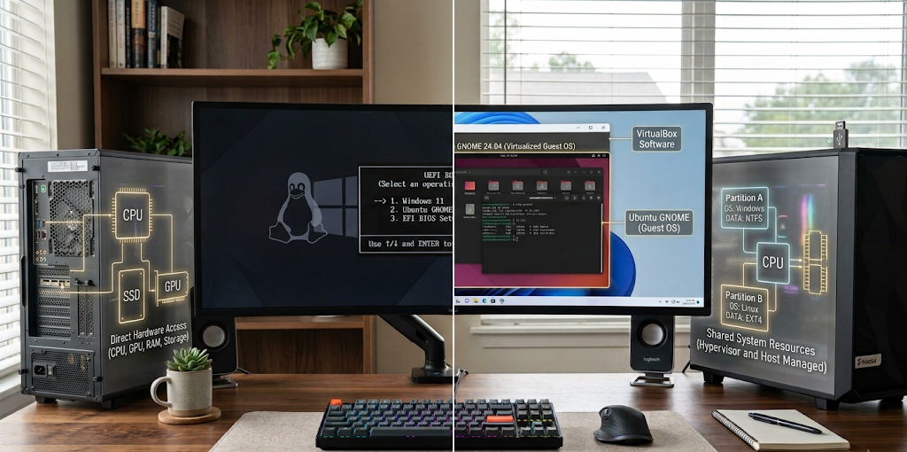Comparison between dual booting and virtual machine methods for running Windows and Linux together.
