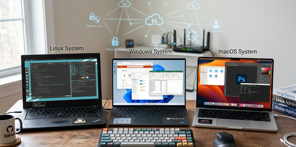 Comparison of Linux Windows and macOS operating systems showing differences in features and user experience