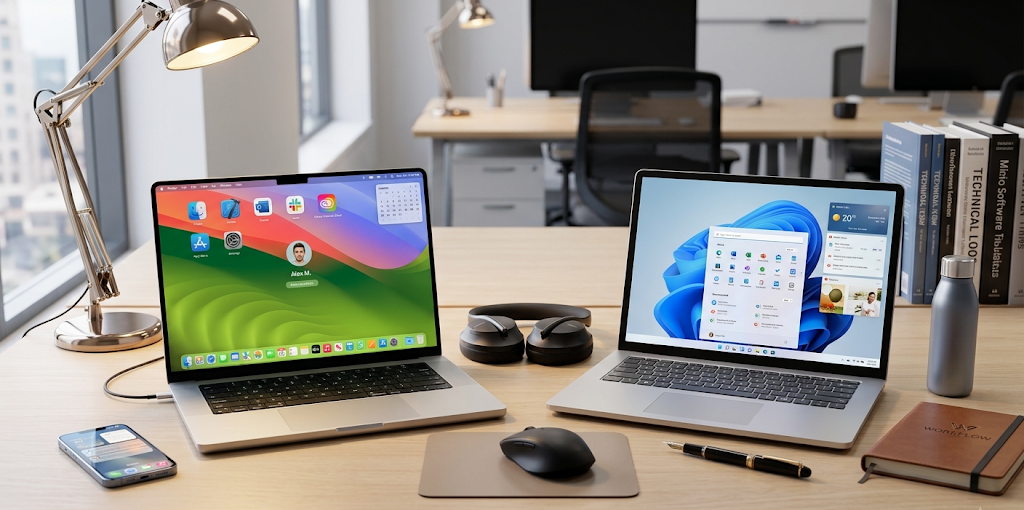Windows and macOS closed source operating systems displayed on laptops in a professional workspace