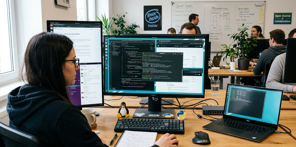Developer using Linux open source operating system with code terminal and customizable desktop environment