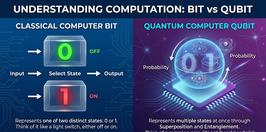 What Is Quantum Computing? How It Works and Why It Matters 2 Visualization showing the difference between classical computer bits and quantum computing qubits